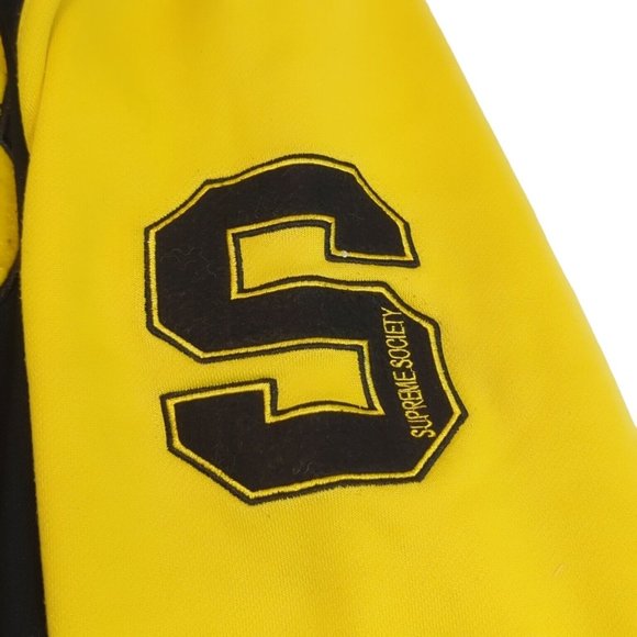 Supreme Society Men's Size Large Varsity Jacket Hooded Black Yellow Snap Button - Picture 5 of 13